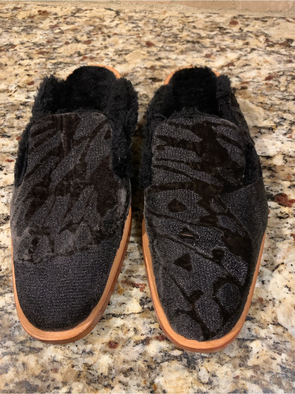 Free People Black  Velvet Brocade  Fur Mules